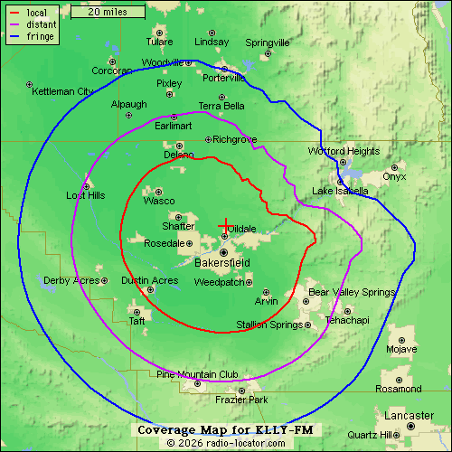 Kelly 95.3 FM (KLLY-FM) broadcast coverage map around Bakersfield, California