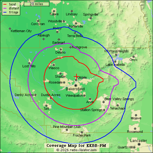 Groove 99.3 FM (KKBB-FM) broadcast coverage map around Bakersfield, California