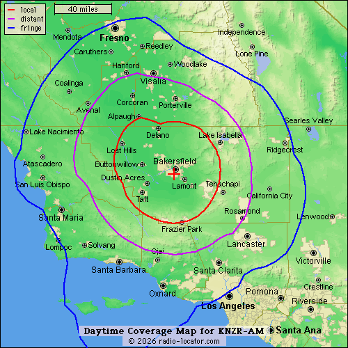KNZR 1560 AM (KNZR-AM) broadcast coverage map around Bakersfield, California