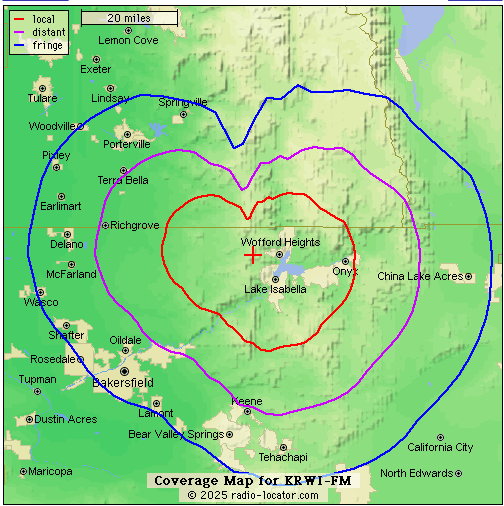 Rewind 98.1 FM (KRWI-FM) broadcast coverage map around Bakersfield, California