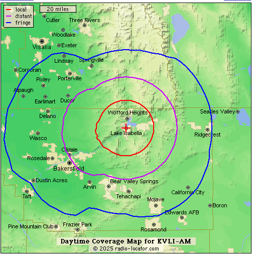 Outlaw 95.9 FM (KVLI-AM) broadcast coverage map around Bakersfield, California